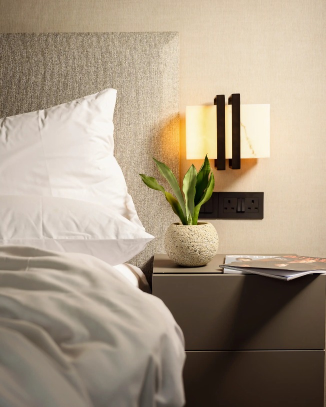 A plant and a lamp in a Dao by Dorsett AMTD Singapore Hotel bedroom.