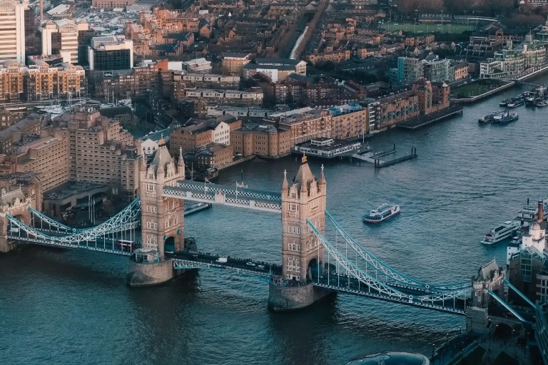 An aerial view of the London Tower Bridge.