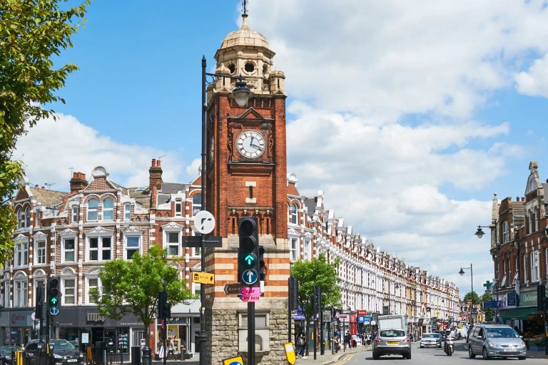 Busy streets by the Crouch End Clock Tower.