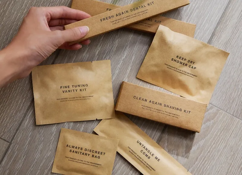 FSC-certified kraft paper packaging for guest amenities.