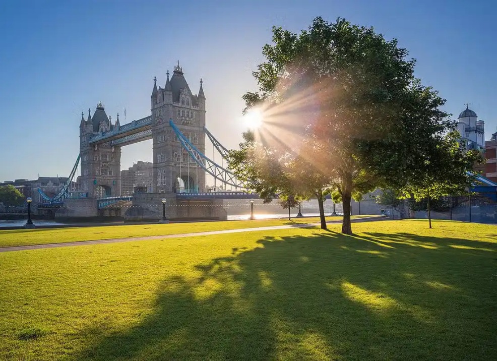 A sunny day with a view of the Tower Bridge in London.